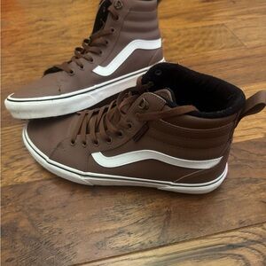 Vans Brown and White High-Top Sneakers with Jazz Stripe